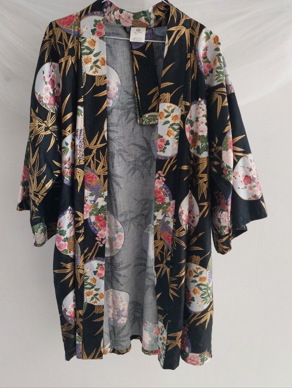 NWOT Authentic Sakurai Shoji Japanese Haori Jacket Black Gold Bamboo Floral 36"
